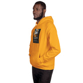 Yellow streetwear hoodie with hood, kangaroo pocket, and graphic front print in black.