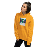 Orange pullover hoodie with chest graphic and kangaroo pocket, front view