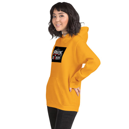 Mustard/orange hoodie with chest graphic, hooded neckline and front pocket, side view.