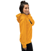 Gold unisex pullover hoodie with hood and chest graphic panel.