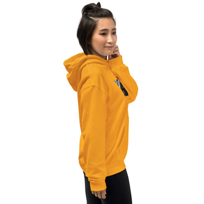 Hoodie unisex mostaza con capucha; vista lateral, bolsillo canguro y manga larga