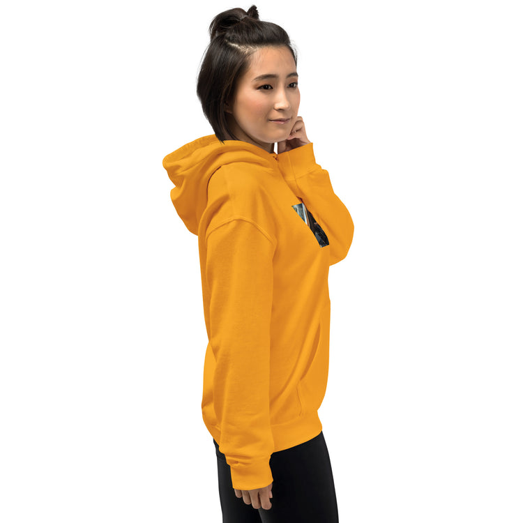 Gold unisex pullover hoodie with hood and chest graphic panel.