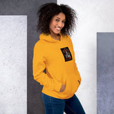 Unisex yellow hoodie with chest graphic print and kangaroo pocket front view.