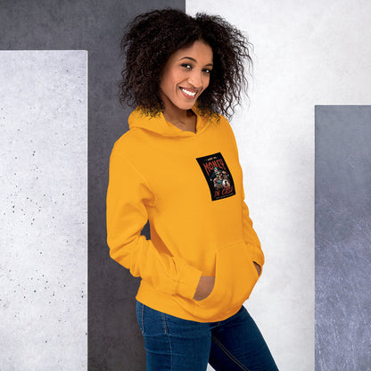 Gold unisex hoodie front view with hood, sleeve print, and kangaroo pocket