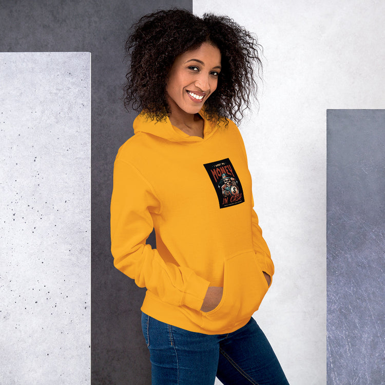 Unisex yellow hoodie with chest graphic print and kangaroo pocket front view.
