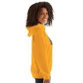 Yellow unisex hoodie, side view with hood and front pocket.