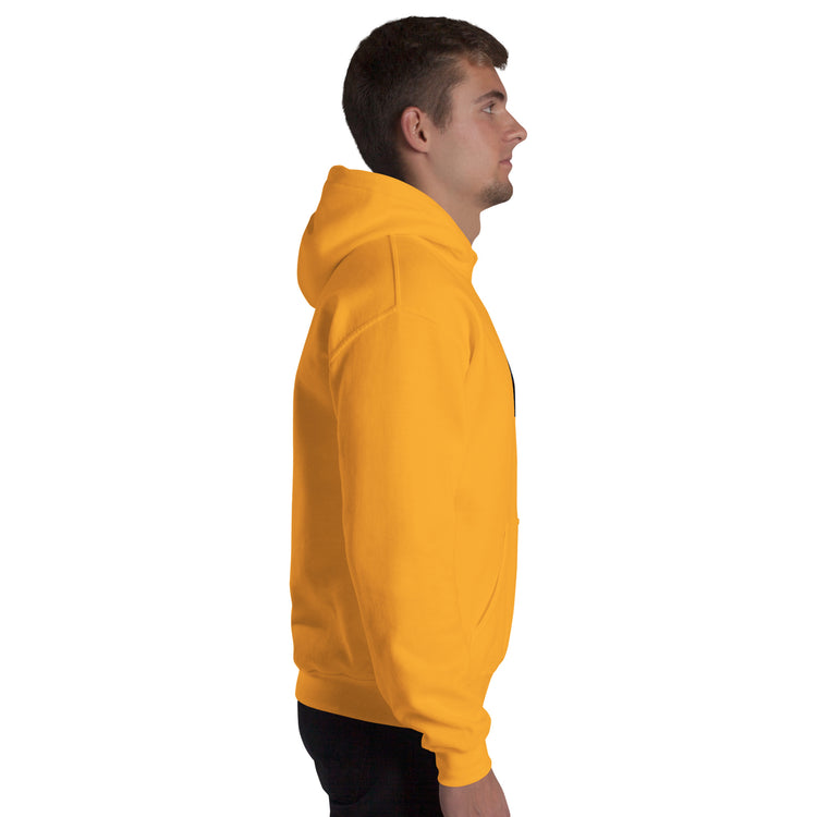 Unisex yellow-orange hoodie with hood and kangaroo pocket, back/side view
