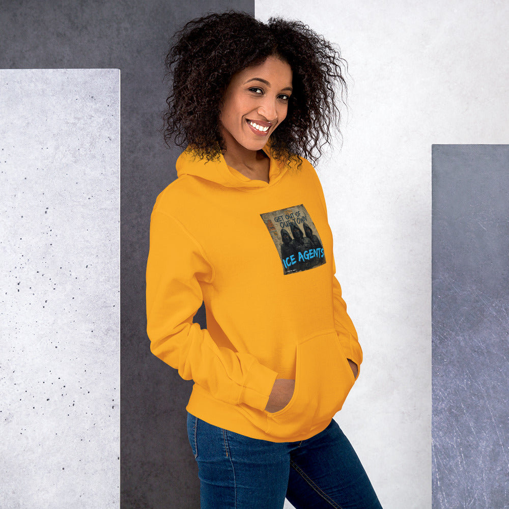 Mustard yellow unisex hoodie with front hood, pouch pocket, and chest logo graphic