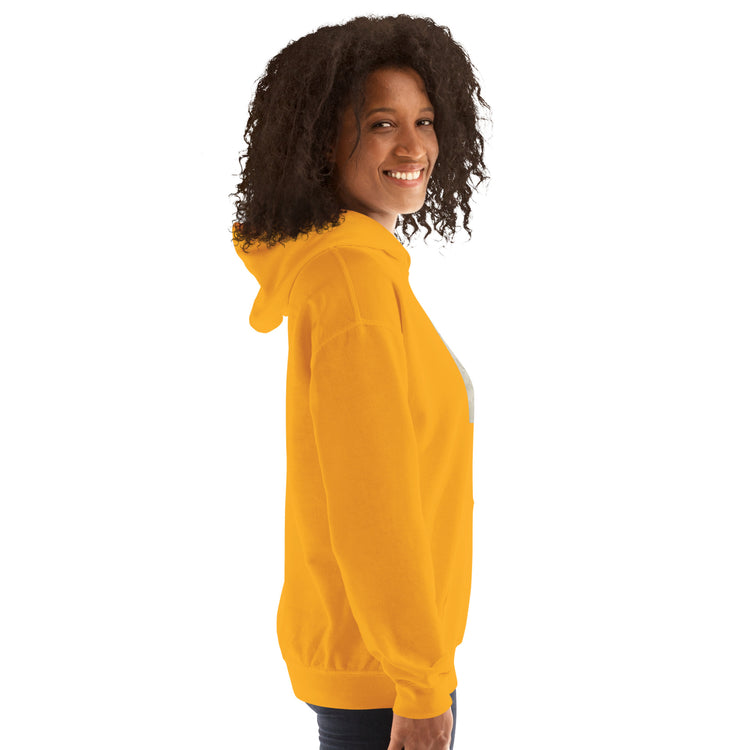 Mustard yellow pullover hoodie, back/side view showing hood shape and roomy sleeves