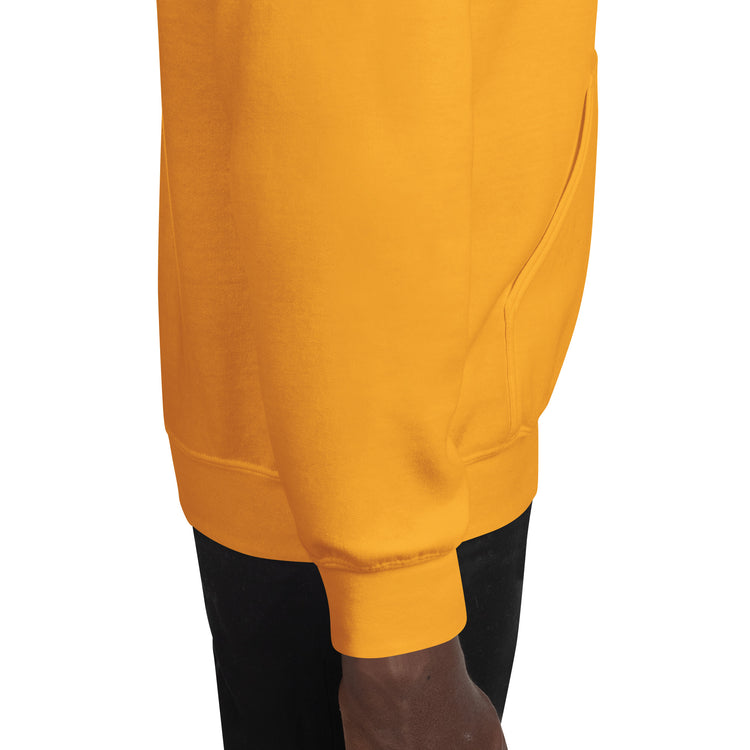 Gold unisex hoodie, front pocket and side panel detail