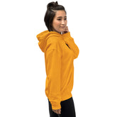 Yellow unisex hoodie side view with hood and drawcords