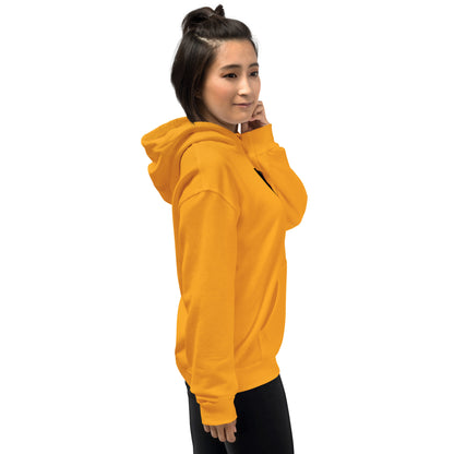 Yellow unisex hoodie side view with hood and drawcords