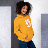 Yellow unisex hoodie with hood, front pouch pocket, and chest graphic patch.