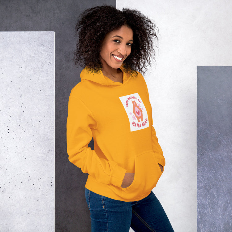 Yellow unisex hoodie with hood, front pouch pocket, and chest graphic patch.