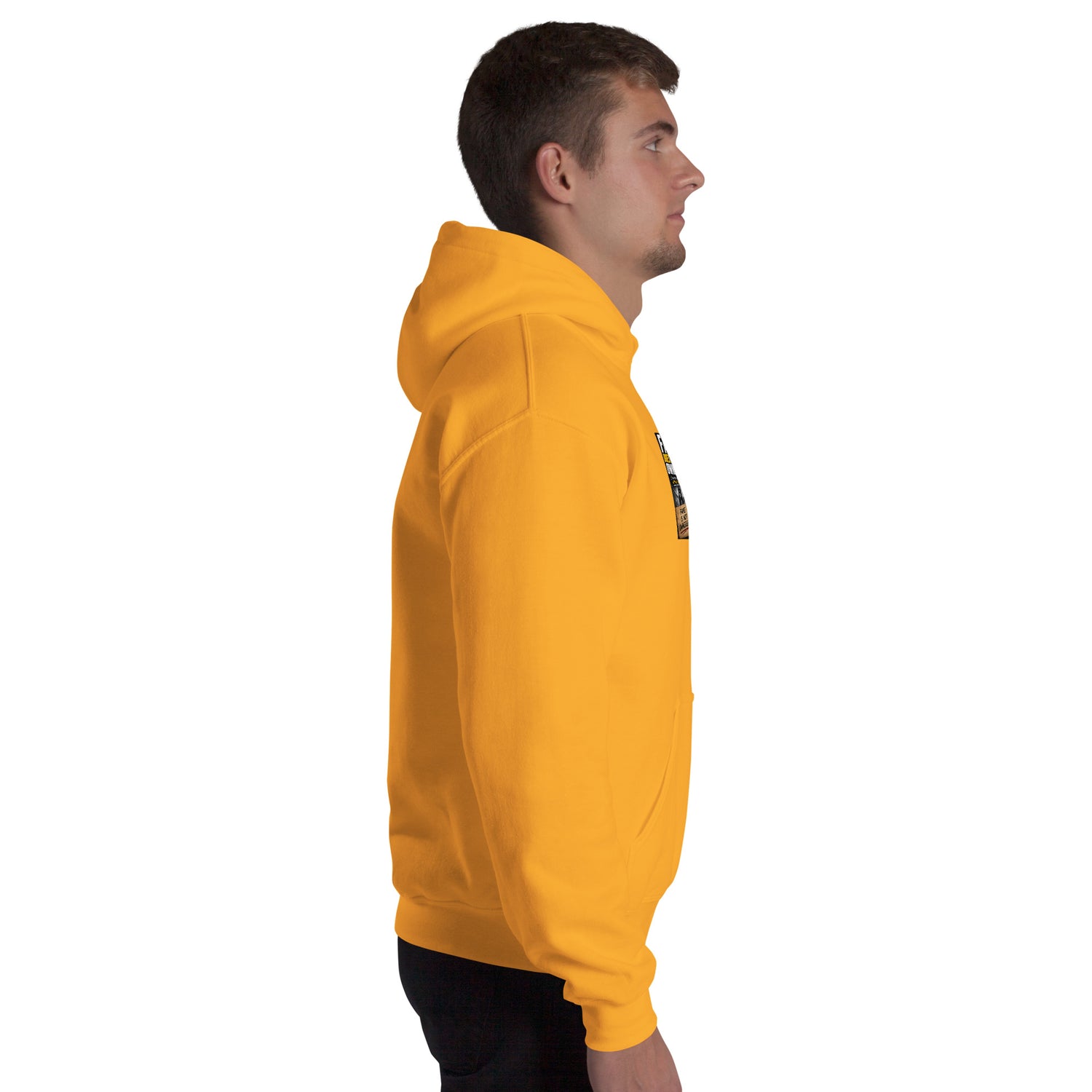 Mustard yellow unisex hoodie, side view with hood and kangaroo pocket