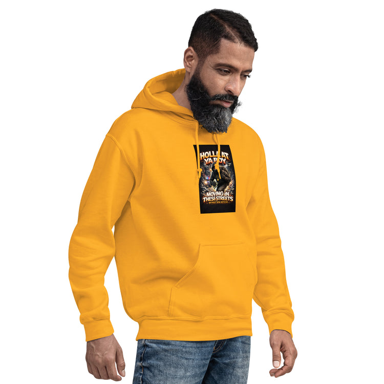 Mustard/orange unisex hoodie with front graphic print and kangaroo pocket, side view.
