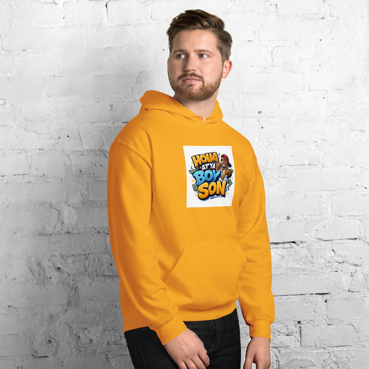 Unisex orange hoodie with front graphic logo, kangaroo pocket, hood