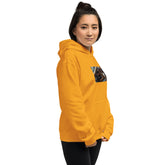 Gold unisex hoodie with hood, kangaroo pocket, and front chest graphic.