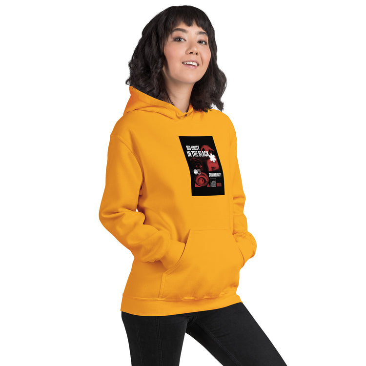 Unisex gold hoodie with hood and centered front chest graphic, kangaroo pocket