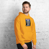 Unisex orange pullover hoodie with front graphic; hood and pouch pocket.