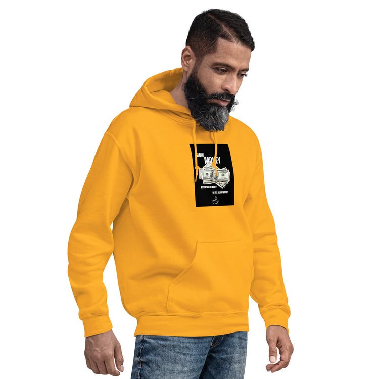 Mustard yellow hoodie with front graphic and kangaroo pocket, side view