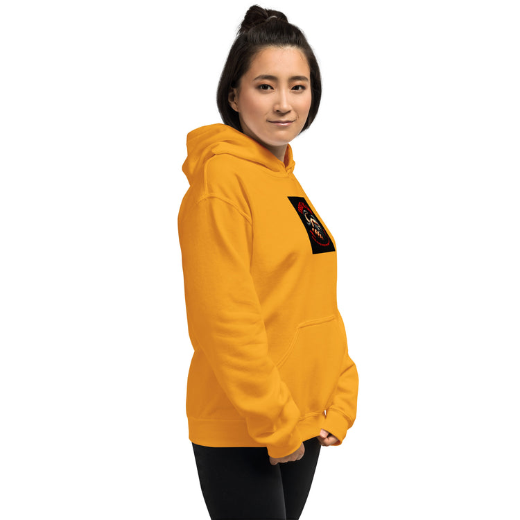 Unisex hoodie in orange, front close-up of chest graphic and kangaroo pocket