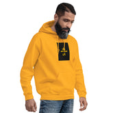 Unisex hoodie in gold/yellow with hood and front pocket, side view with black graphic