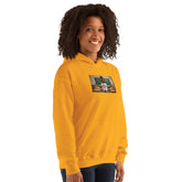 Gold unisex hoodie with hood and front pouch, chest graphic print