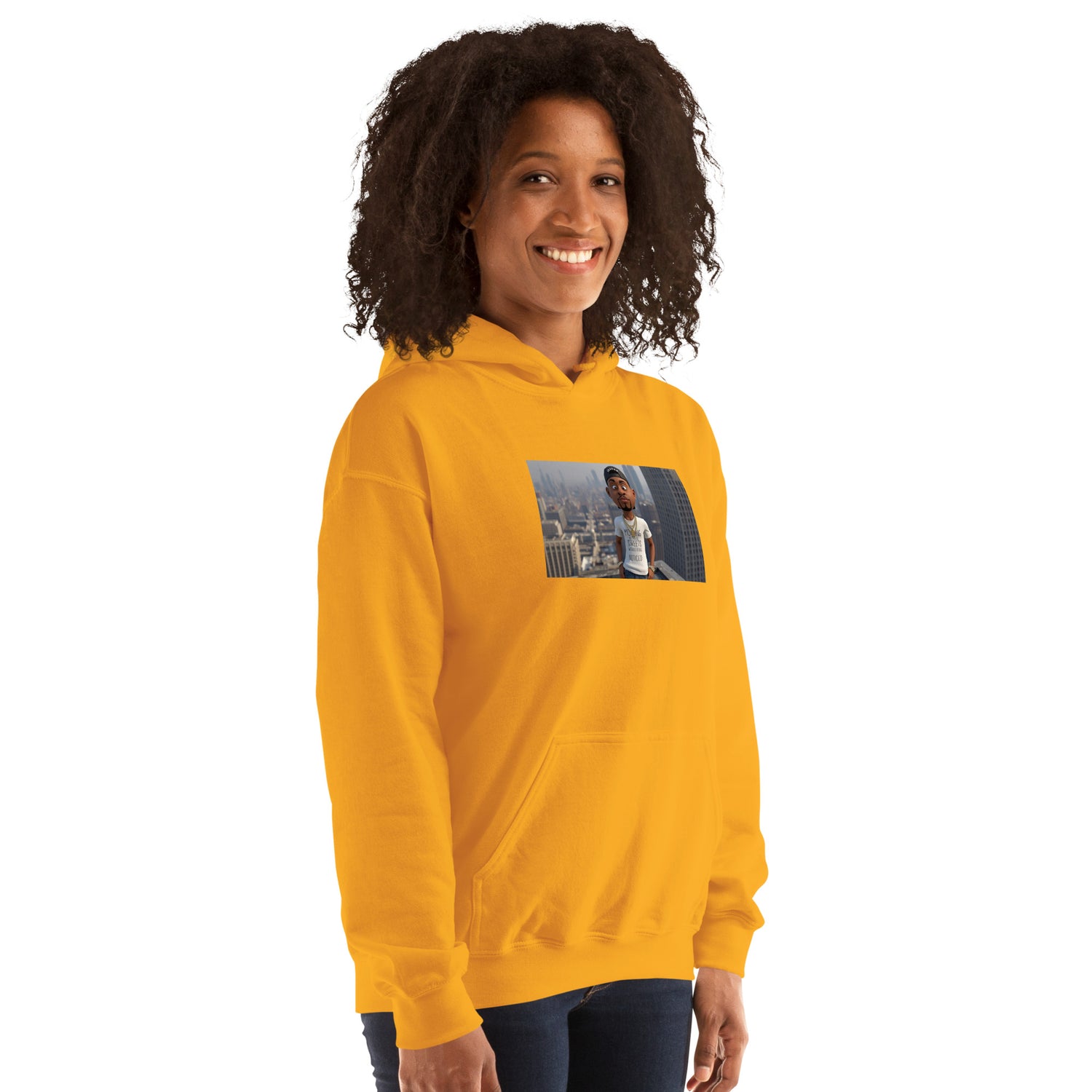 Felpa unisex gialla con stampa sul petto e cappuccio