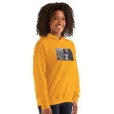 Yellow unisex hoodie with graphic chest photo print and pouch pocket.