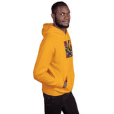 Unisex pullover hoodie, yellow, 3/4 view with front graphic patch and hood
