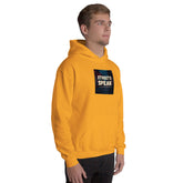 Unisex yellow-orange hoodie with front graphic patch, hooded sweatshirt