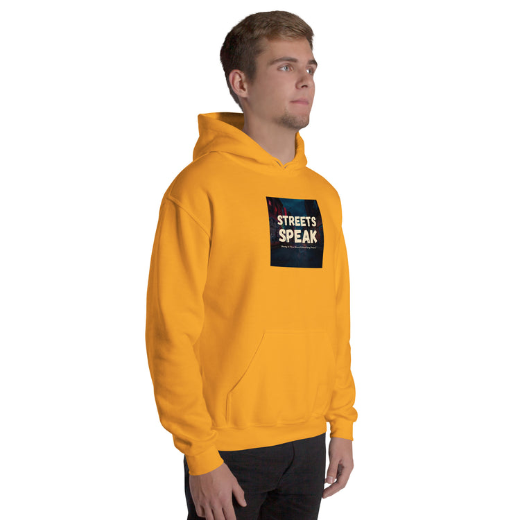 Unisex yellow-orange hoodie with front graphic patch, hooded sweatshirt