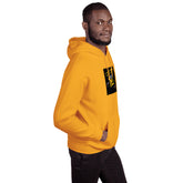 Mustard orange unisex hoodie with hood, front pouch pocket, and chest graphic patch