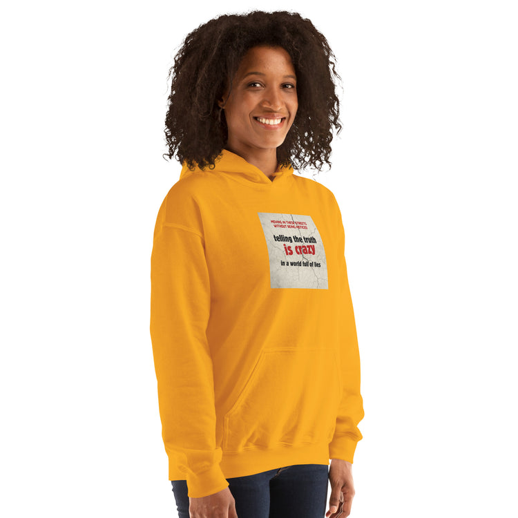 Mustard yellow hoodie with square front graphic and kangaroo pocket
