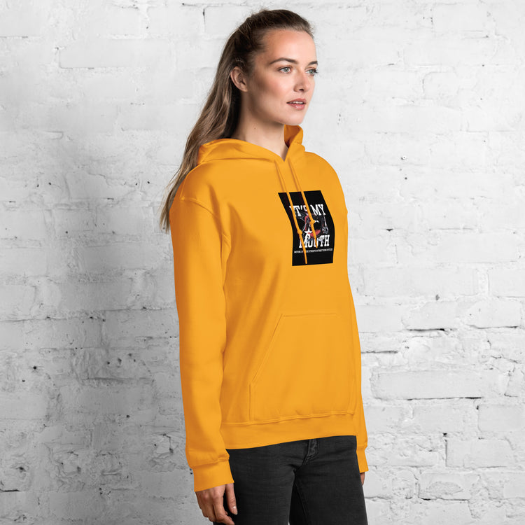 Unisex mustard yellow pullover hoodie with black logo patch and drawstring hood