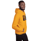 Orange unisex hoodie with kangaroo pocket and front chest graphic, hooded