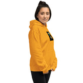 Yellow unisex hoodie close-up of chest graphic and front pocket