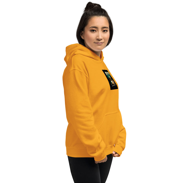Yellow unisex hoodie close-up of chest graphic and front pocket
