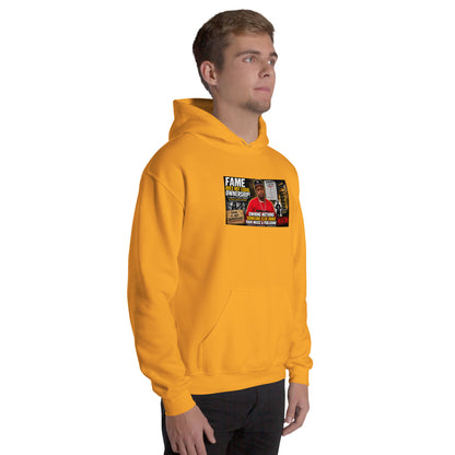 Mustard yellow unisex hoodie with front chest graphic and pullover hood