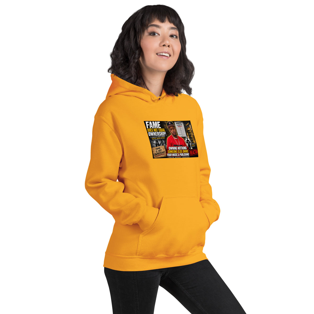 Mustard yellow hoodie with bold front graphic print, pullover hood and kangaroo pocket