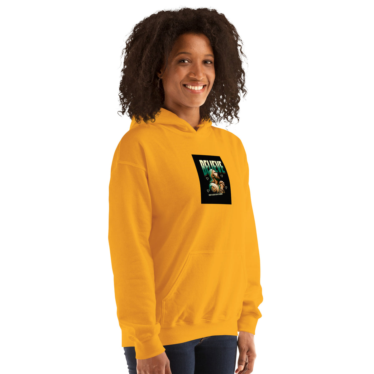 Mustard yellow pullover hoodie with hood, kangaroo pocket, and chest graphic print.