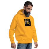 Gold unisex streetwear hoodie with front square graphic, hood, and kangaroo pocket