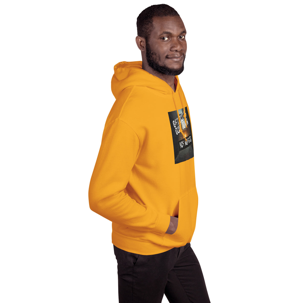 Yellow streetwear hoodie with hood and black front graphic label, side profile.