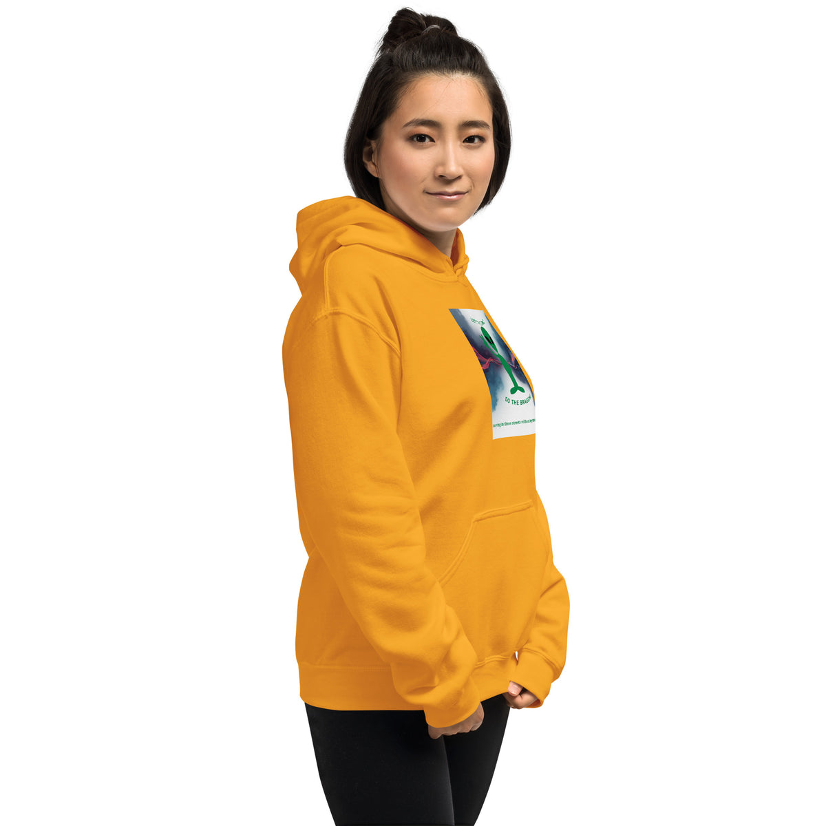 Orange pullover hoodie with chest graphic and kangaroo pocket, three-quarter view