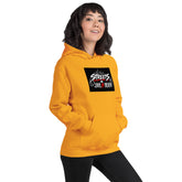 Mustard/orange unisex hoodie with hood and front pocket, centered chest graphic print.