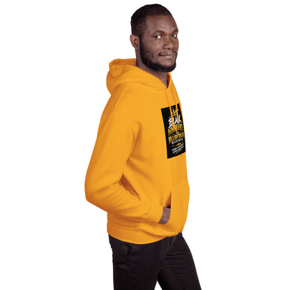Mustard yellow unisex hoodie side view with hood and front graphic panel
