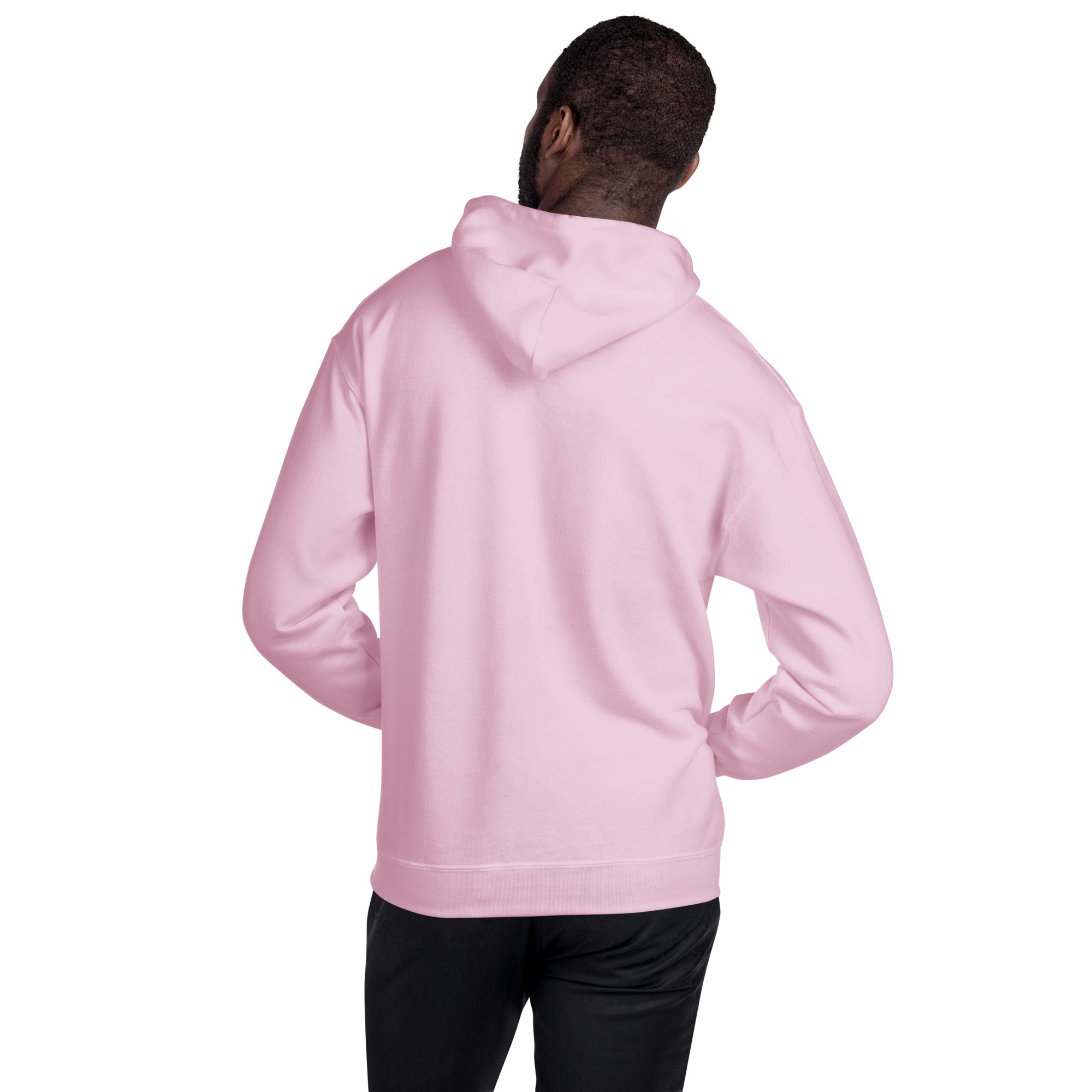 Light pink hoodie back view, hood seam detail and relaxed fit