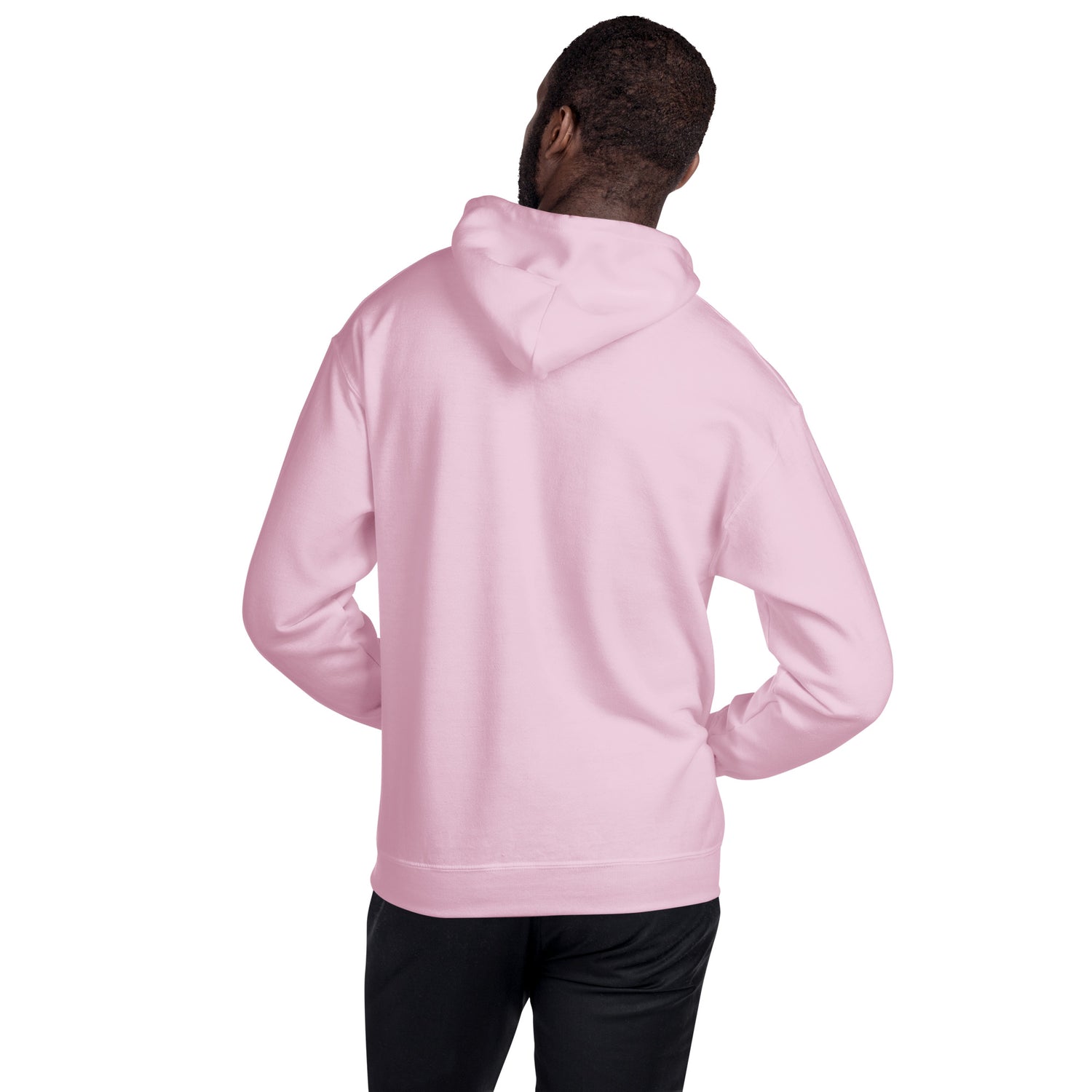 Light pink unisex hoodie, back view with hood; no front print visible