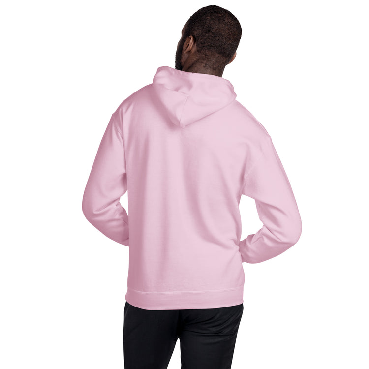 Light pink unisex hoodie with hood, back view, and kangaroo pocket